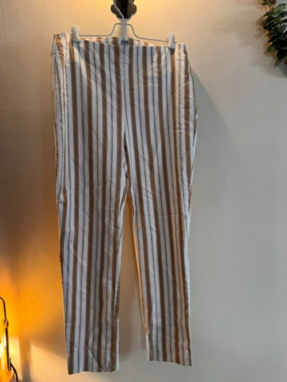 Chico's So Slimming Brigitte slim leg pants in a tan and white striped pattern
